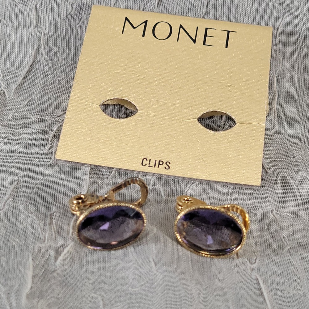 Monet Clip On Earrings Purple Gold Tone Oval Faceted Faux Smoky Quartz